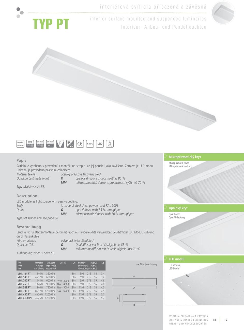 Materiál tělesa: ocelový práškově lakovaný plech Optickou část může tvořit: O opálový difuzor s propustností až 85 % MM mikroprizmatický difuzor s propustností vyšší než 70 % y závěsů viz str. 58.