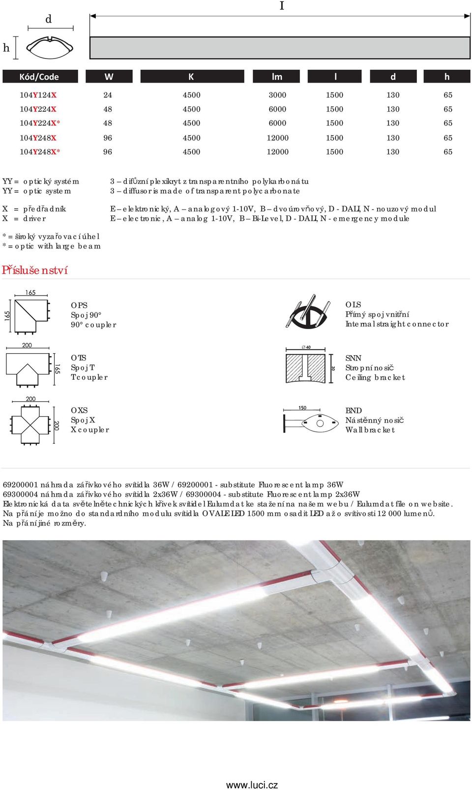 dvoúrovňový, D - DALI, N - nouzový modul E electronic, A analog 1-10V, B Bi-Level, D - DALI, N - emergency module * = široký vyzařovací úel * = optic wit large beam Příslušenství OPS Spoj 90 90