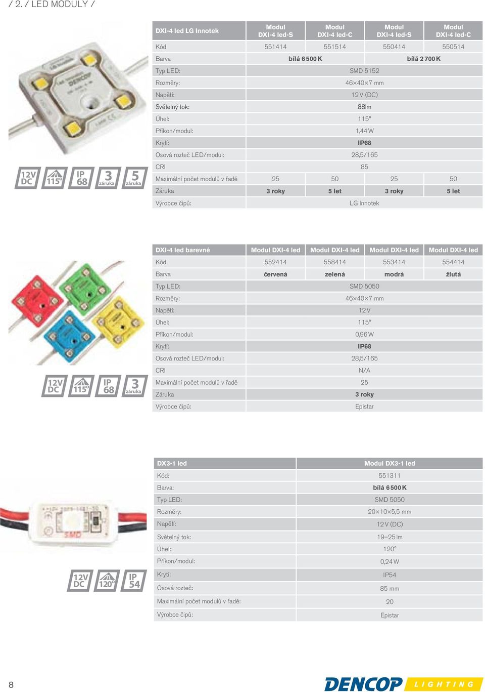 let 3 roky 5 let Výrobce čipů: LG Innotek DXI-4 led barevné DXI-4 led DXI-4 led DXI-4 led DXI-4 led Kód 552414 558414 553414 554414 Barva červená zelená modrá žlutá Typ LED: SMD 5050 Rozměry: 46 40 7