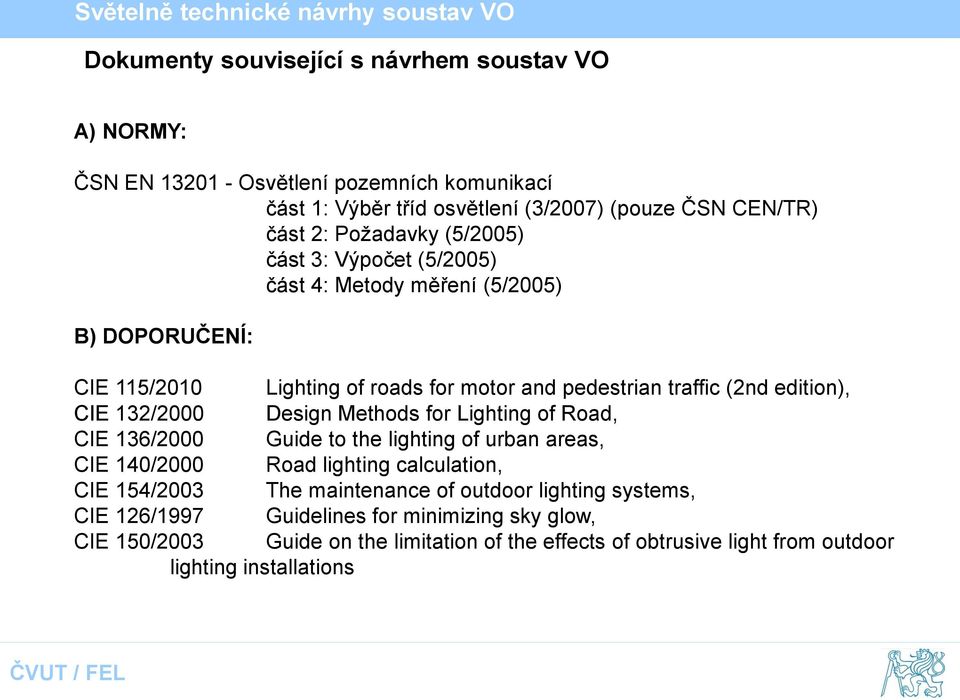 CIE 132/2000 Design Methods for Lighting of Road, CIE 136/2000 Guide to the lighting of urban areas, CIE 140/2000 Road lighting calculation, CIE 154/2003 The maintenance