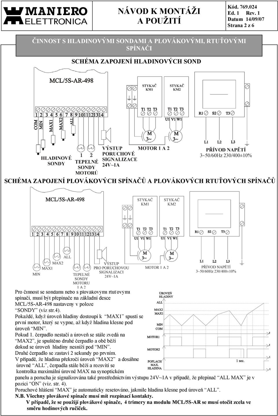 sondami nebo s plovákovými rtuťovými spínači, musí být přepínače na základní desce MCL/5S-AR-98 nastaveny v poloze SONDY (viz str.).