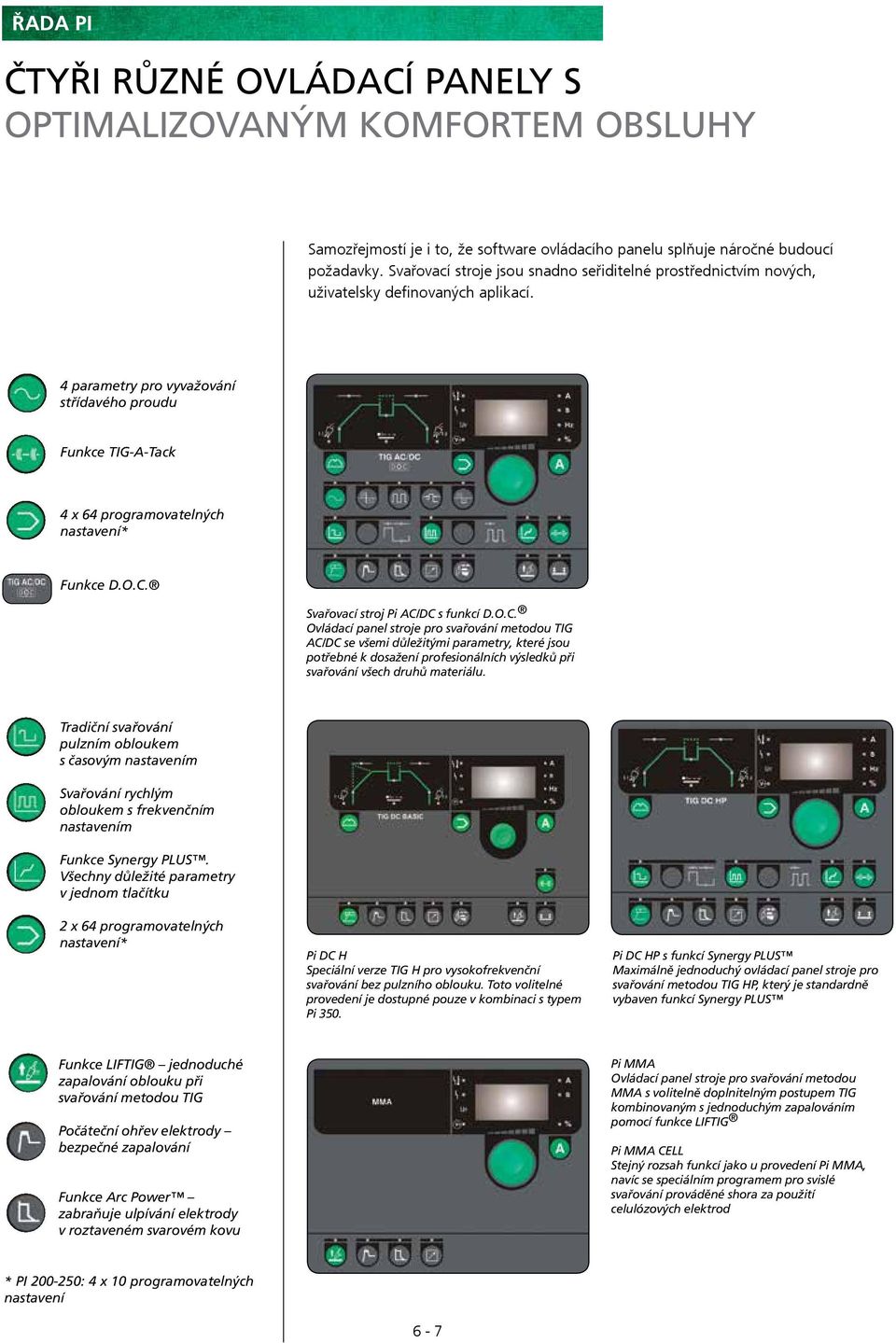 4 parametry pro vyvažování střídavého proudu Funkce TIG-A-Tack 4 x 64 programovatelných nastavení* Funkce D.O.C.