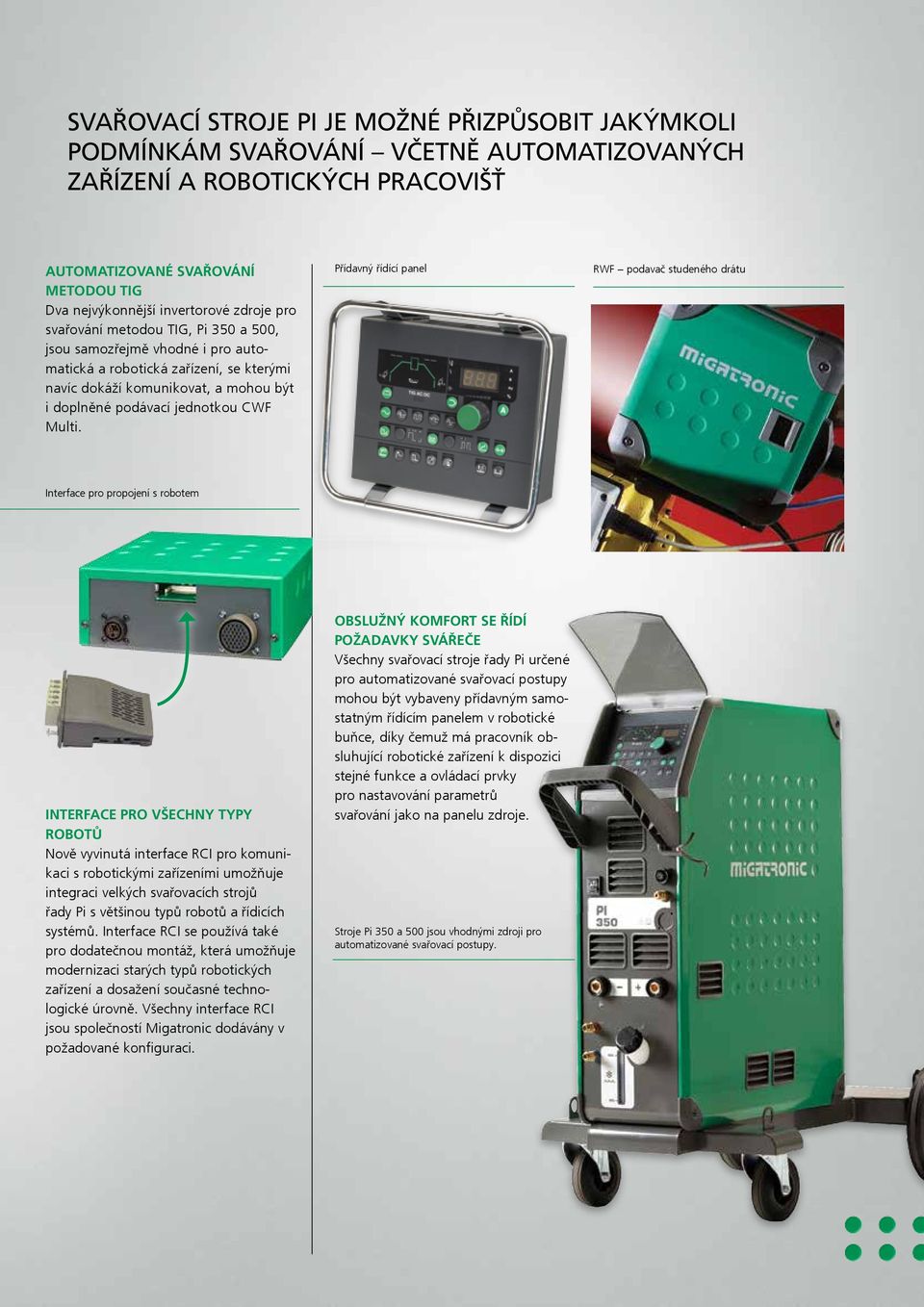 Přídavný řídící panel RWF podavač studeného drátu Interface pro propojení s robotem INTERFACE PRO VŠECHNY TYPY ROBOTŮ Nově vyvinutá interface RCI pro komunikaci s robotickými zařízeními umožňuje