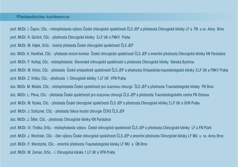 - předseda revizní komise České chirurgické společnosti ČLS JEP a emeritní přednosta Chirurgické kliniky KN Pardubice prof. MUDr. P. Kothaj, CSc.