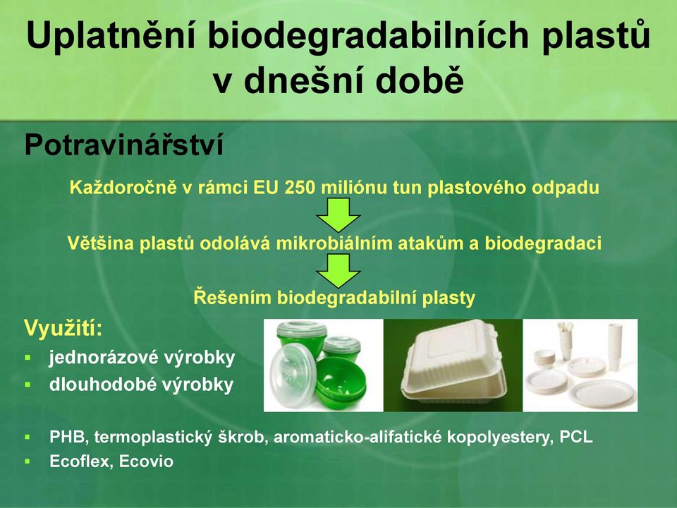 biodegradaci Využití: jednorázové výrobky dlouhodobé výrobky Řešením biodegradabilní