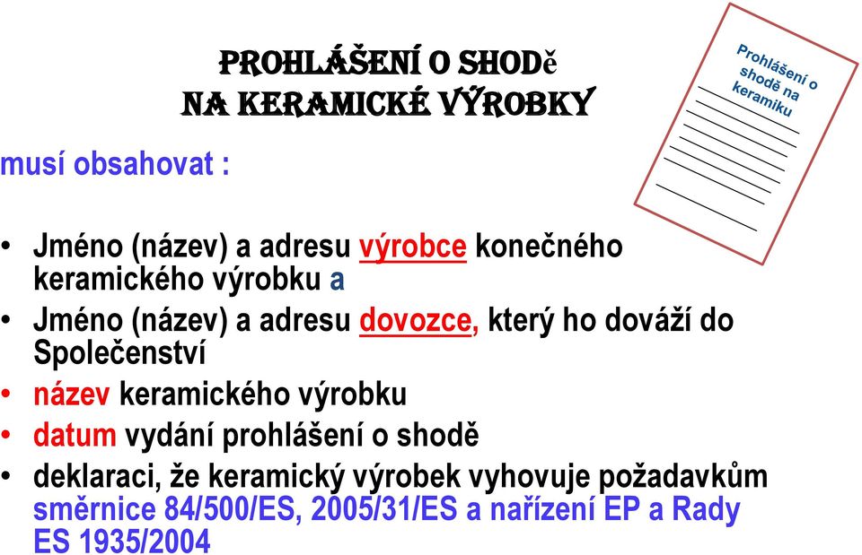 Společenství název keramického výrobku datum vydání prohlášení o shodě deklaraci, že