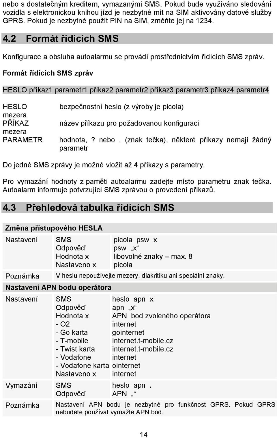 Formát řídících zpráv HESLO příkaz1 parametr1 příkaz2 parametr2 příkaz3 parametr3 příkaz4 parametr4 HESLO mezera PŘÍKAZ mezera PARAMETR bezpečnostní heslo (z výroby je picola) název příkazu pro