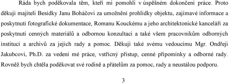 jeho architektonické kanceláři za poskytnutí cenných materiálů a odbornou konzultaci a také všem pracovníkům odborných institucí a archivů za jejich