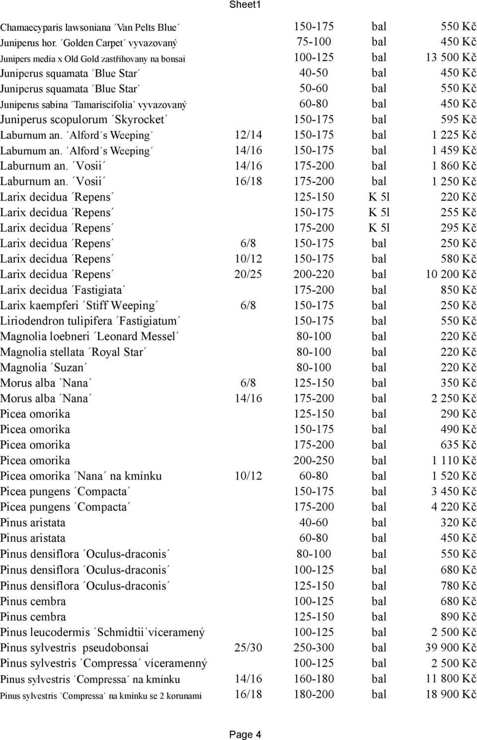 550 Kč Juniperus sabina Tamariscifolia vyvazovaný 60-80 bal 450 Kč Juniperus scopulorum Skyrocket 150-175 bal 595 Kč Laburnum an. Alford s Weeping 12/14 150-175 bal 1 225 Kč Laburnum an.