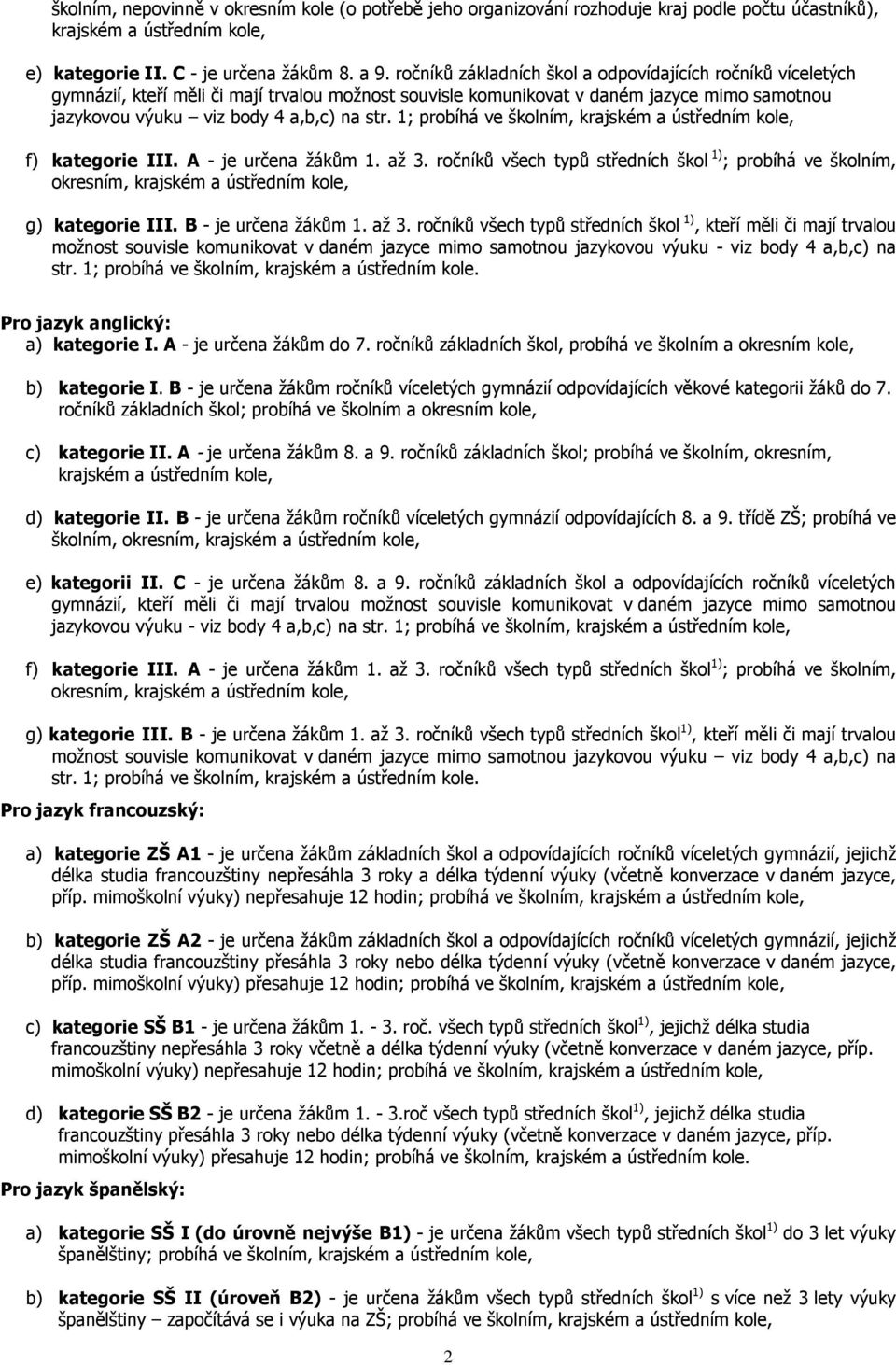 1; probíhá ve školním, krajském a ústředním kole, f) kategorie III. - je určena žákům 1. až 3.