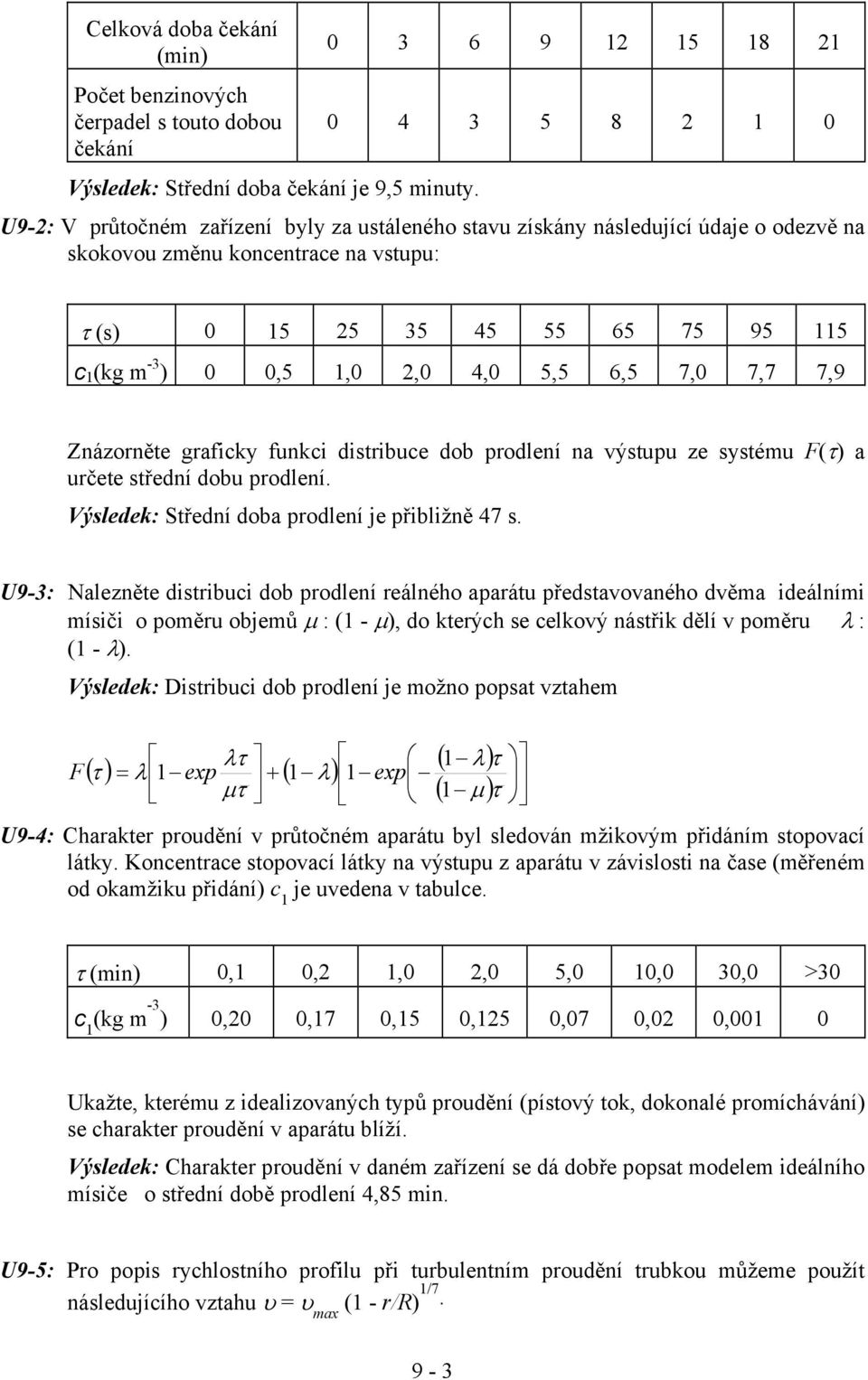 m -3 ),5 1, 2, 4, 5,5 6,5 7, 7,7 7,9 Znázorněte graficky funkci distribuce dob prodlení na výstupu ze systému F(τ) a určete střední dobu prodlení. Výsledek: Střední doba prodlení je přibližně 47 s.