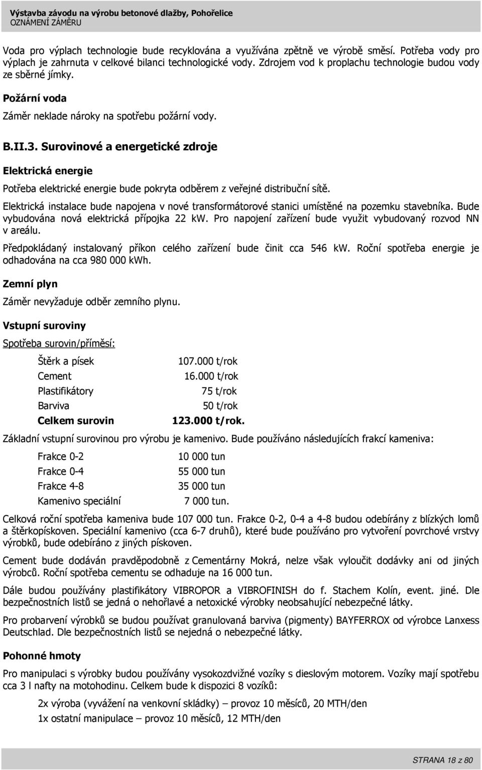 B.II.3. Surovinové a energetické zdroje Elektrická energie Potřeba elektrické energie bude pokryta odběrem z veřejné distribuční sítě.