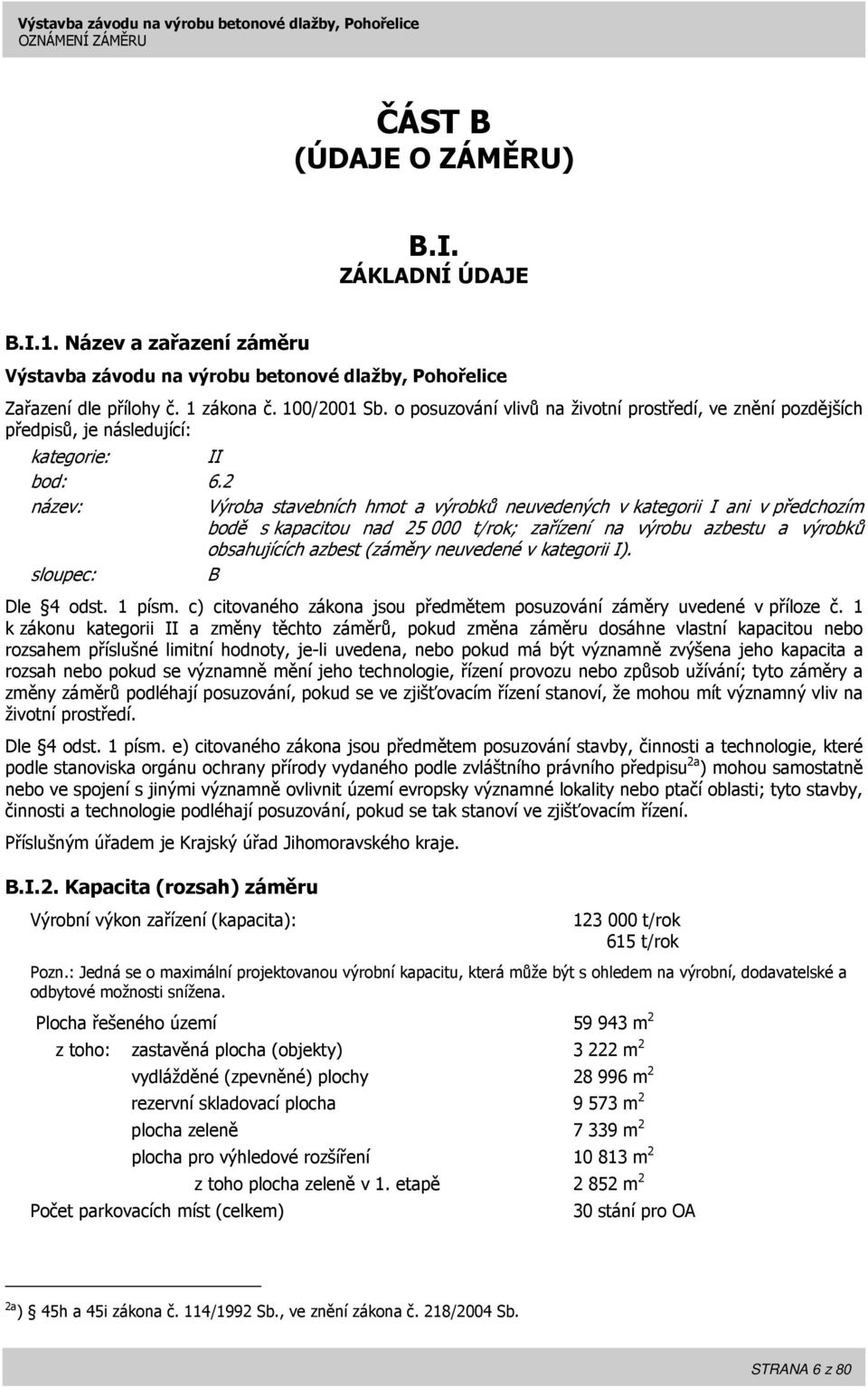 o posuzování vlivů na životní prostředí, ve znění pozdějších předpisů, je následující: kategorie: II bod: 6.