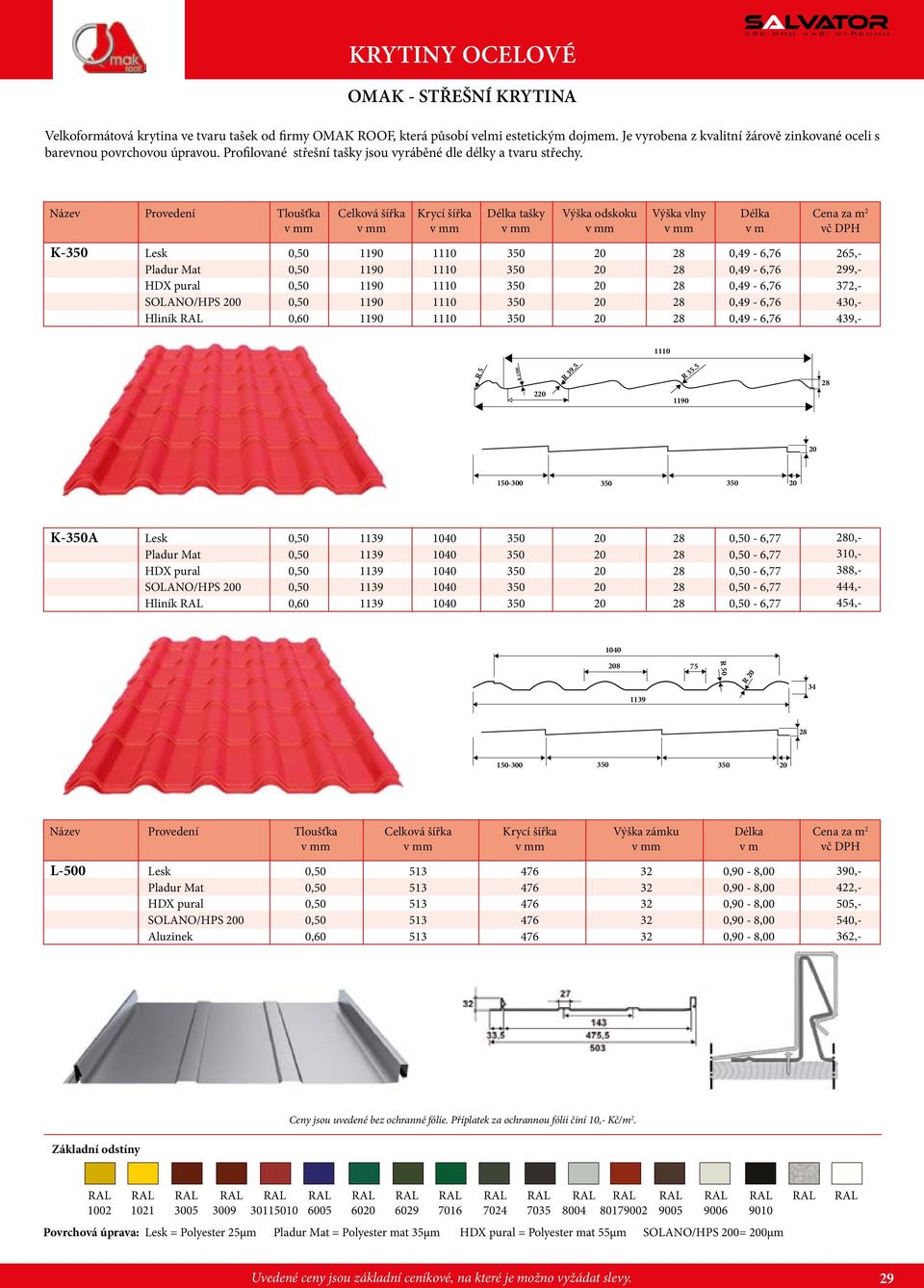 Název Provedení Tloušťka Celková šířka Krycí šířka Délka tašky Výška odskoku Výška vlny Délka Cena za m 2 v mm v mm v mm v mm v mm v mm v m vč DPH K350 Lesk 0,50 1190 1110 350 20 28 0,49 6,76 Pladur