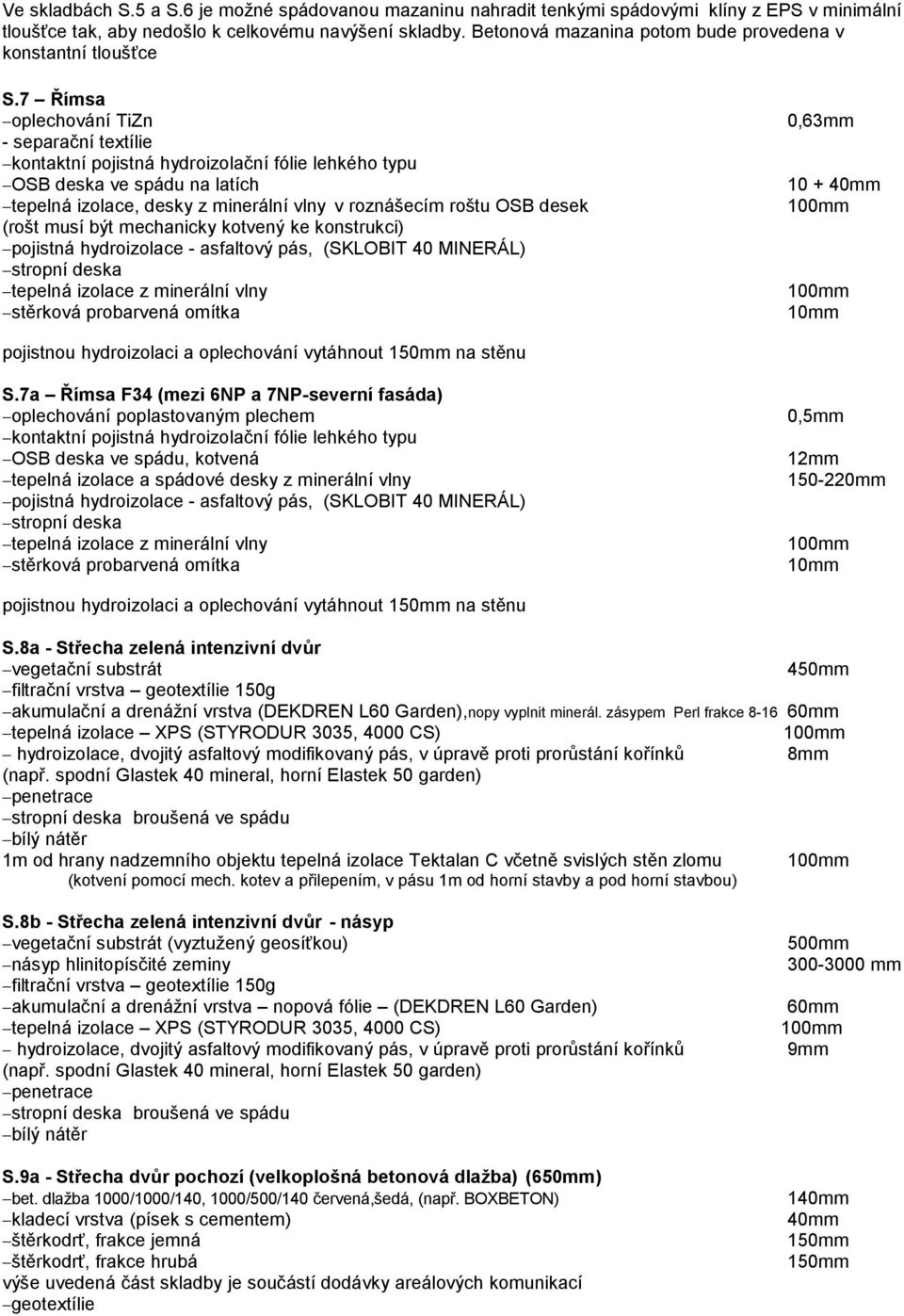 7 Římsa oplechování TiZn 0,63mm - separační textílie kontaktní pojistná hydroizolační fólie lehkého typu OSB deska ve spádu na latích 10 + 40mm tepelná izolace, desky z minerální vlny v roznášecím