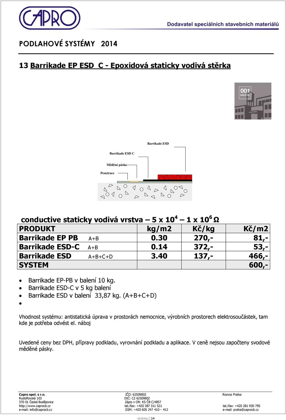 40 137,- 466,- SYSTEM 600,- Barrikade EP-PB v balení 10 kg. Barrikade ESD-C v 5 kg balení Barrikade ESD v balení 33,87 kg.