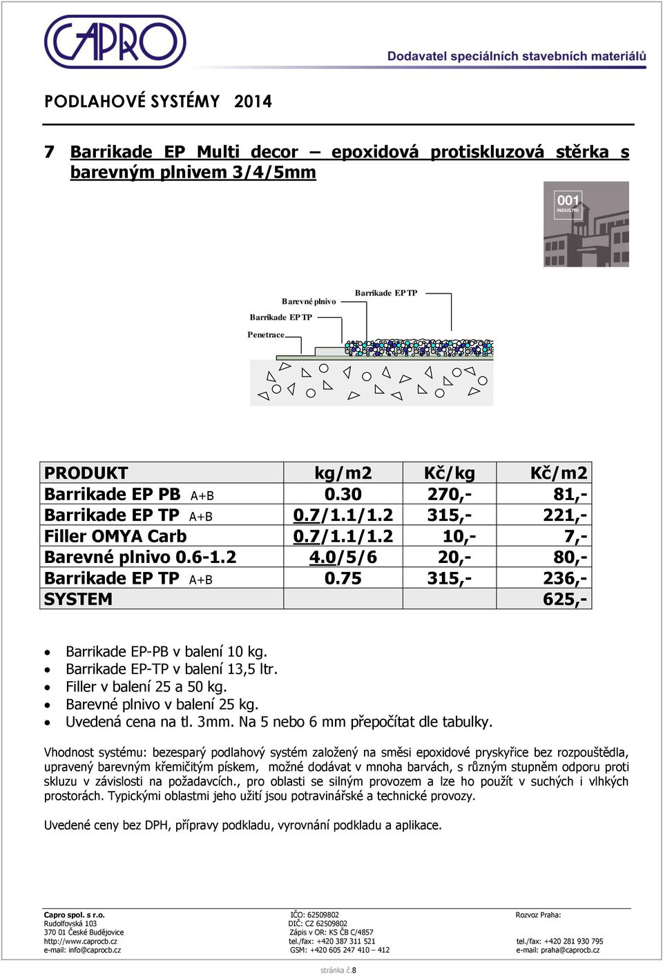 Barrikade EP-TP v balení 13,5 ltr. Filler v balení 25 a 50 kg. Barevné plnivo v balení 25 kg. Uvedená cena na tl. 3mm. Na 5 nebo 6 mm přepočítat dle tabulky.