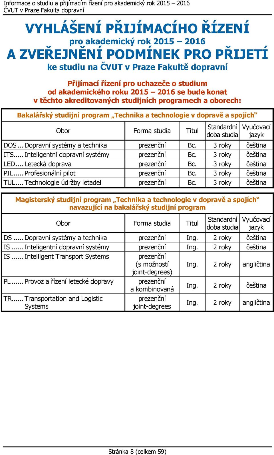 Vyučovací jazyk DOS... Dopravní systémy a technika prezenční Bc. 3 roky čeština ITS... Inteligentní dopravní systémy prezenční Bc. 3 roky čeština LED... Letecká doprava prezenční Bc.