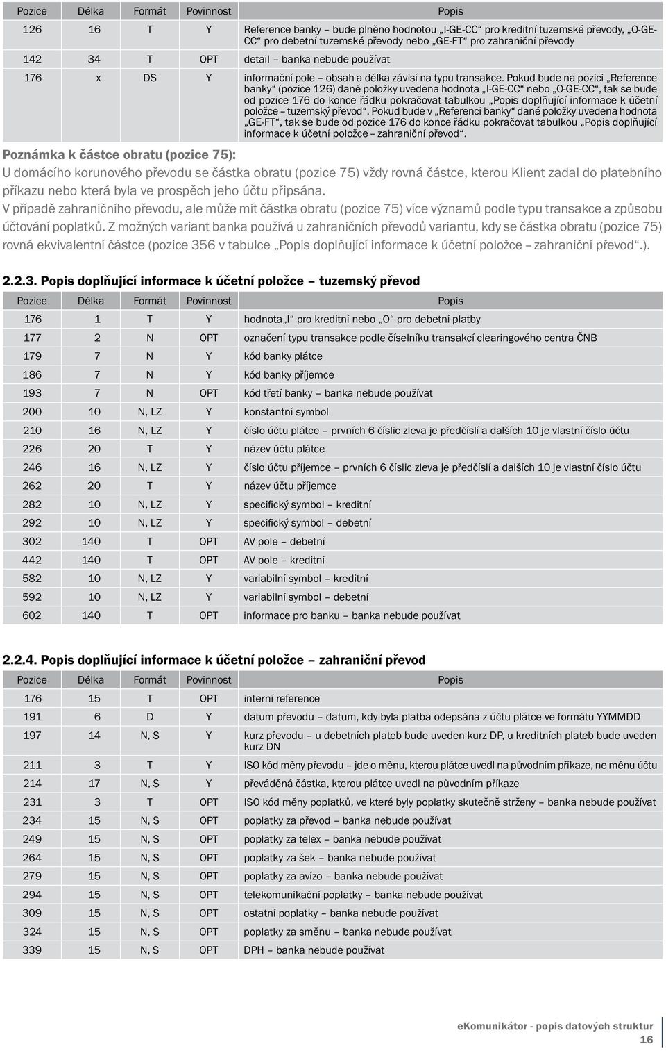 Pokud bude na pozici Reference banky (pozice 126) dané položky uvedena hodnota I-GE-CC nebo O-GE-CC, tak se bude od pozice 176 do konce řádku pokračovat tabulkou Popis doplňující informace k účetní