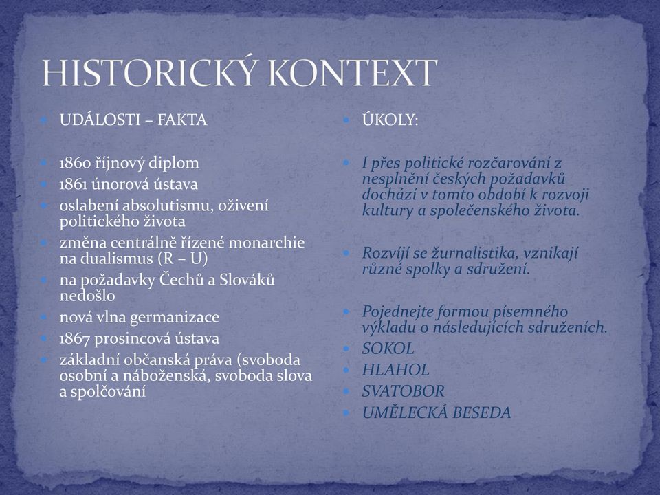 a spolčování ÚKOLY: I přes politické rozčarování z nesplnění českých požadavků dochází v tomto období k rozvoji kultury a společenského života.