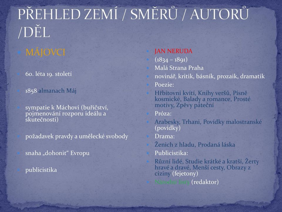 Evropu publicistika JAN NERUDA (1834 1891) Malá Strana Praha novinář, kritik, básník, prozaik, dramatik Poezie: Hřbitovní kvítí, Knihy veršů, Písně