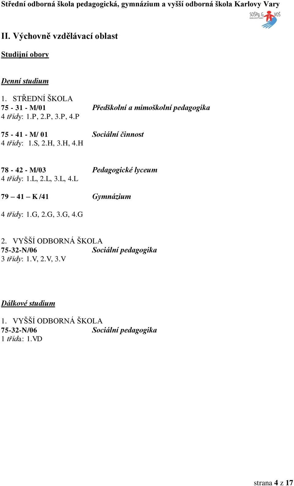 P 75-41 - M/ 01 Sociální činnost 4 třídy: 1.S, 2.H, 3.H, 4.H 78-42 - M/03 Pedagogické lyceum 4 třídy: 1.L, 2.L, 3.L, 4.