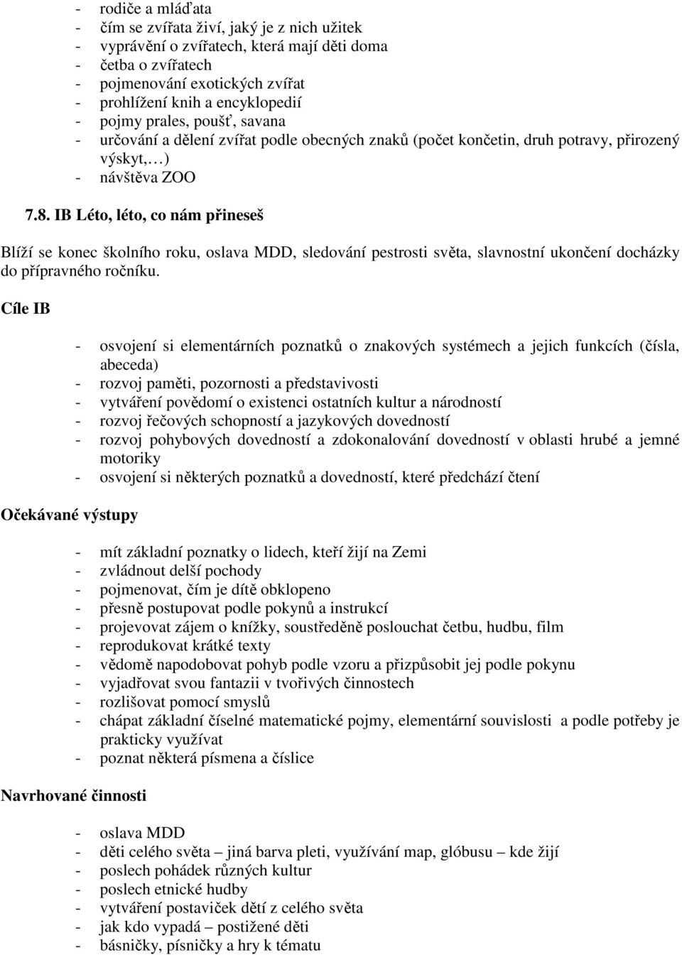 IB Léto, léto, co nám přineseš Blíží se konec školního roku, oslava MDD, sledování pestrosti světa, slavnostní ukončení docházky do přípravného ročníku.