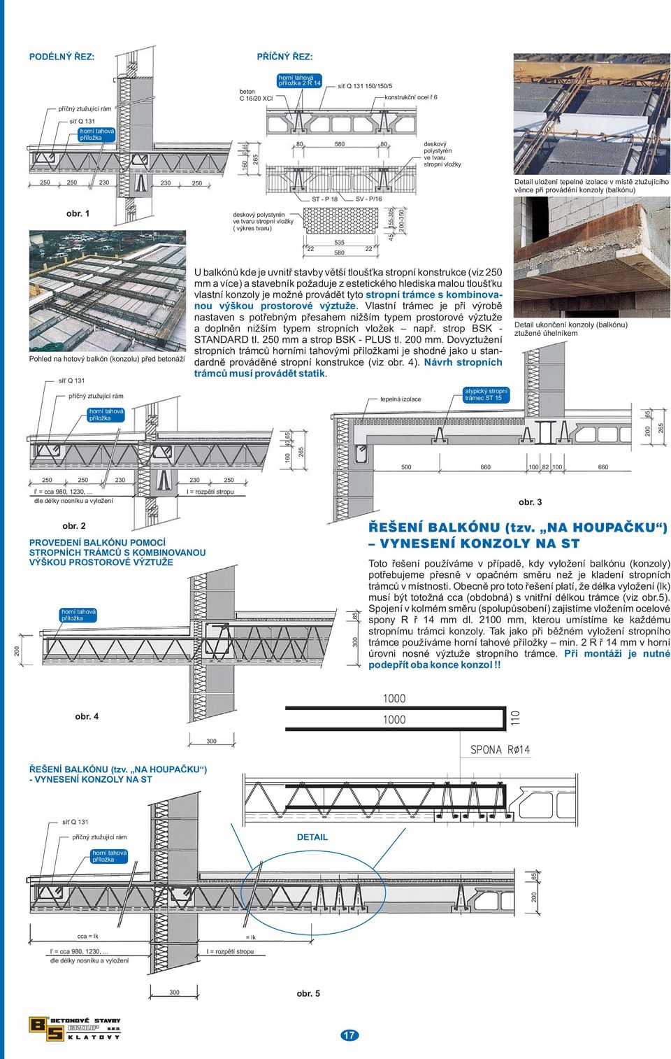 1 deskový polystyrén ve tvaru stropní vložky ( výkres tvaru) 535 580 45 155-305 00-350 Pohled na hotový balkón (konzolu) před betonáží síť Q 131 příčný ztužující rám U balkónů kde je uvnitř stavby