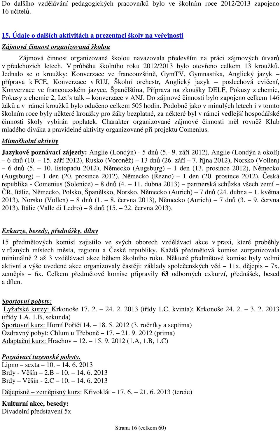 V průběhu školního roku 2012/2013 bylo otevřeno celkem 13 kroužků.