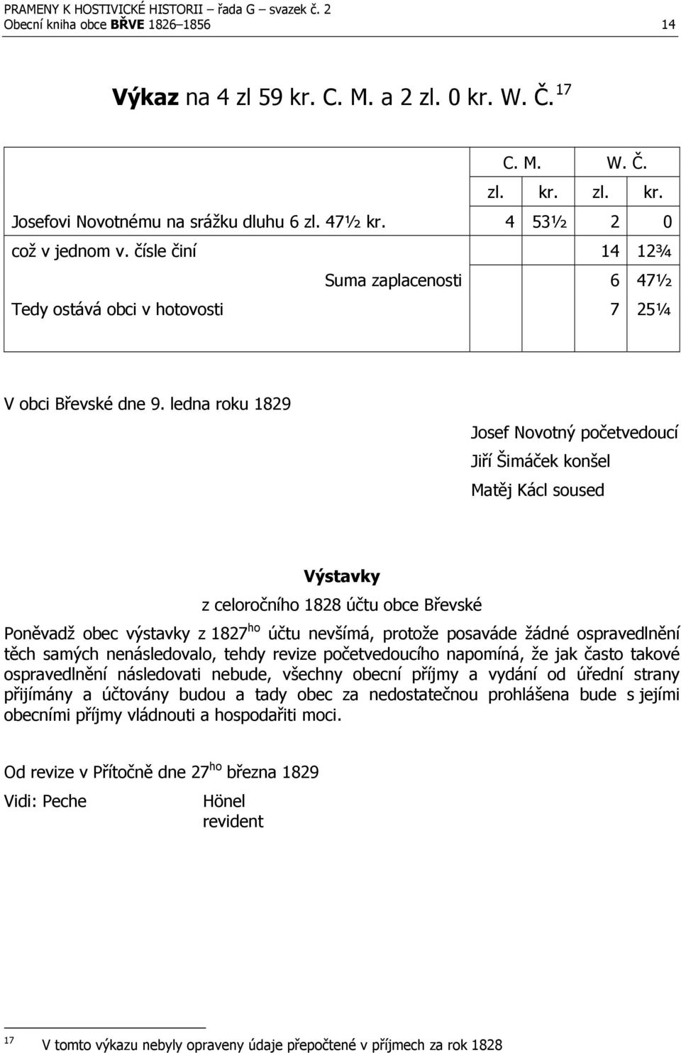 ledna roku 1829 Josef Novotný početvedoucí Jiří Šimáček konšel Matěj Kácl soused Výstavky z celoročního 1828 účtu obce Břevské Poněvadž obec výstavky z 1827 ho účtu nevšímá, protože posaváde žádné