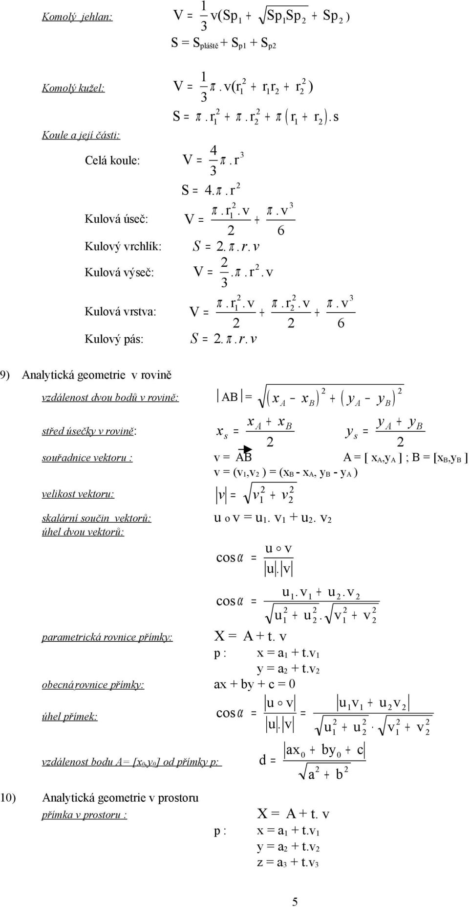 A, A ] ; B [ B, B ] v (v,v ) ( B - A, B - A ) velikost vektou: v v + v skláí souči vektoů: u ο v u. v + u. v úhel dvou vektoů: u v os α u. v os α u.v + u.v u + u. v + v petiká ovie přík: X A + t.