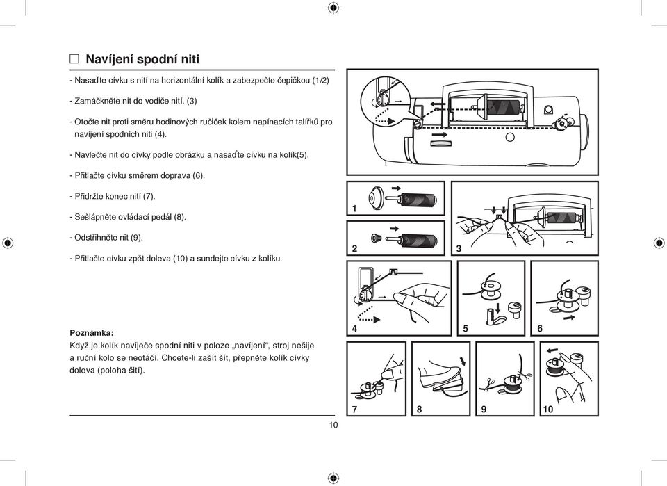 - Navlečte nit do cívky podle obrázku a nasaďte cívku na kolík(5). - Přitlačte cívku směrem doprava (6). - Přidržte konec nití (7).