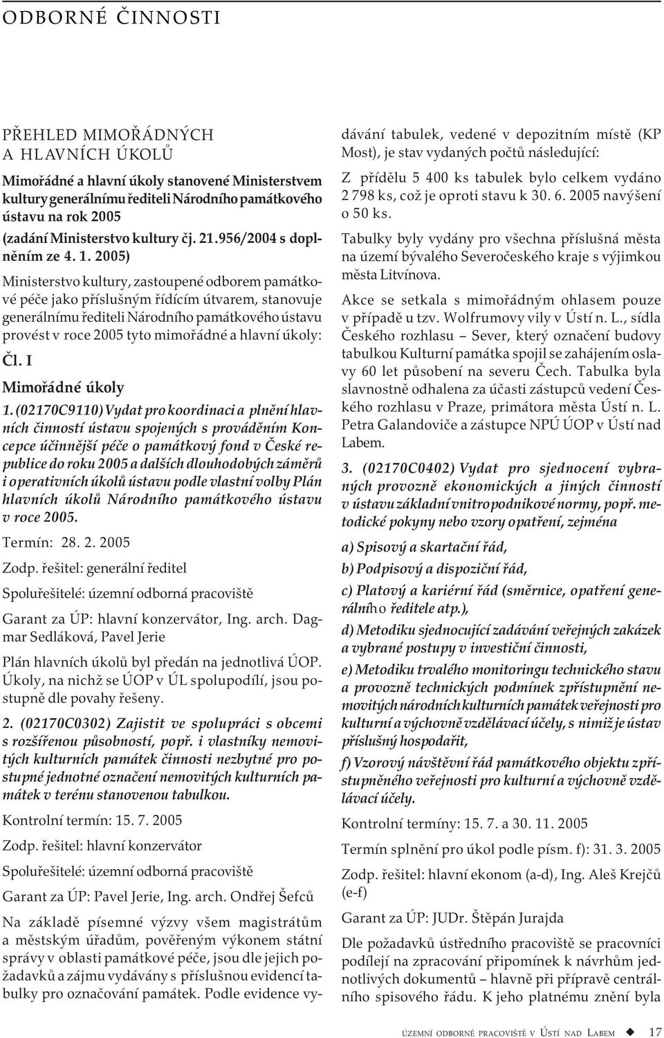 2005) Ministerstvo kultury, zastoupené odborem památkové péče jako příslušným řídícím útvarem, stanovuje generálnímu řediteli Národního památkového ústavu provést v roce 2005 tyto mimořádné a hlavní