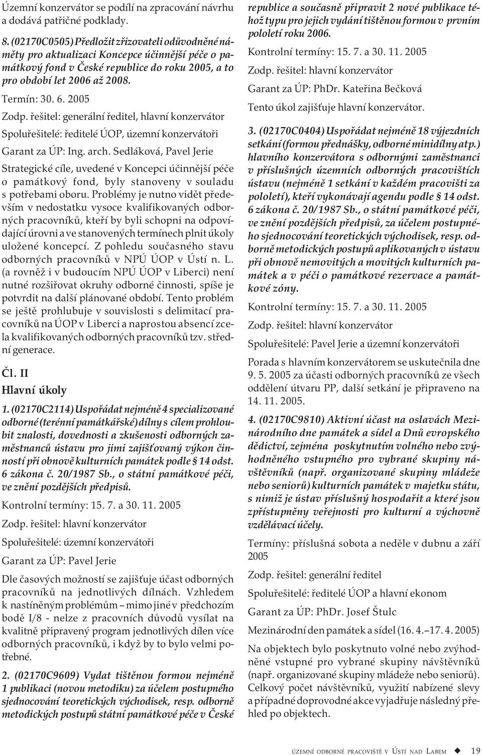 2005 Zodp. řešitel: generální ředitel, hlavní konzervátor Spoluřešitelé: ředitelé ÚOP, územní konzervátoři Garant za ÚP: Ing. arch.