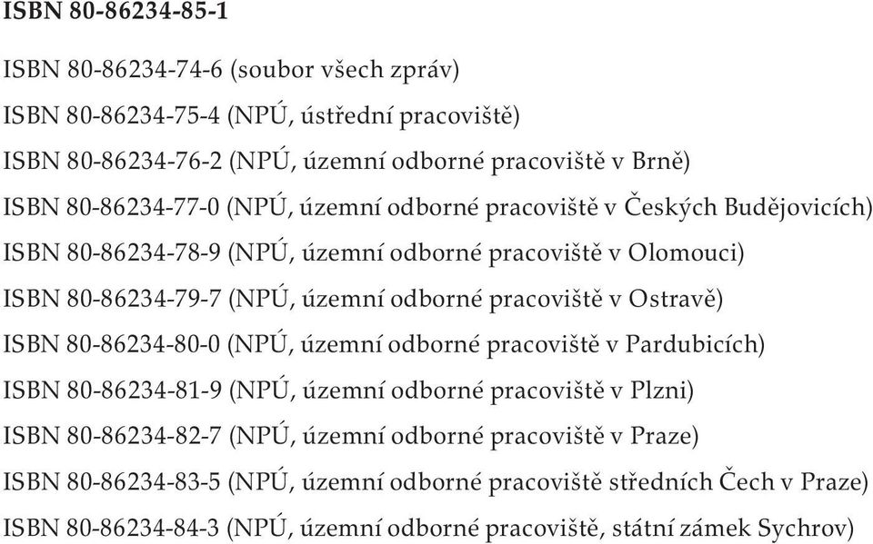 pracoviště v Ostravě) ISBN 80-86234-80-0 (NPÚ, územní odborné pracoviště v Pardubicích) ISBN 80-86234-81-9 (NPÚ, územní odborné pracoviště v Plzni) ISBN 80-86234-82-7 (NPÚ, územní