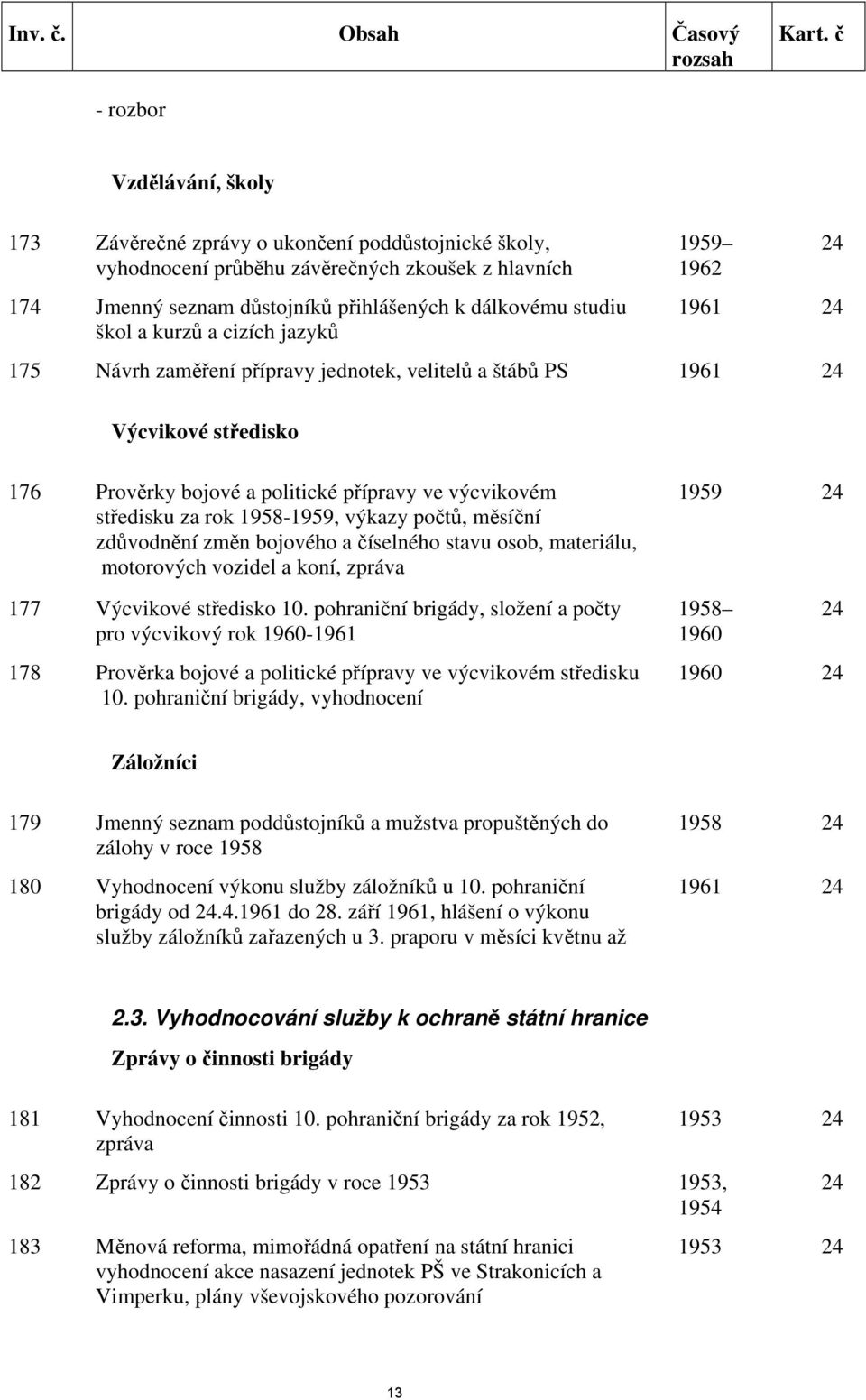 středisku za rok 1958-1959, výkazy počtů, měsíční zdůvodnění změn bojového a číselného stavu osob, materiálu, motorových vozidel a koní, zpráva 177 Výcvikové středisko 10.