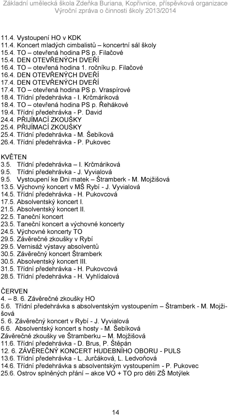 4. PŘIJÍMACÍ ZKOUŠKY 25.4. Třídní předehrávka - M. Šebíková 26.4. Třídní předehrávka - P. Pukovec KVĚTEN 3.5. Třídní předehrávka I. Krčmáriková 9.5. Třídní předehrávka - J. Vyvialová 9.5. Vystoupení ke Dni matek Štramberk - M.