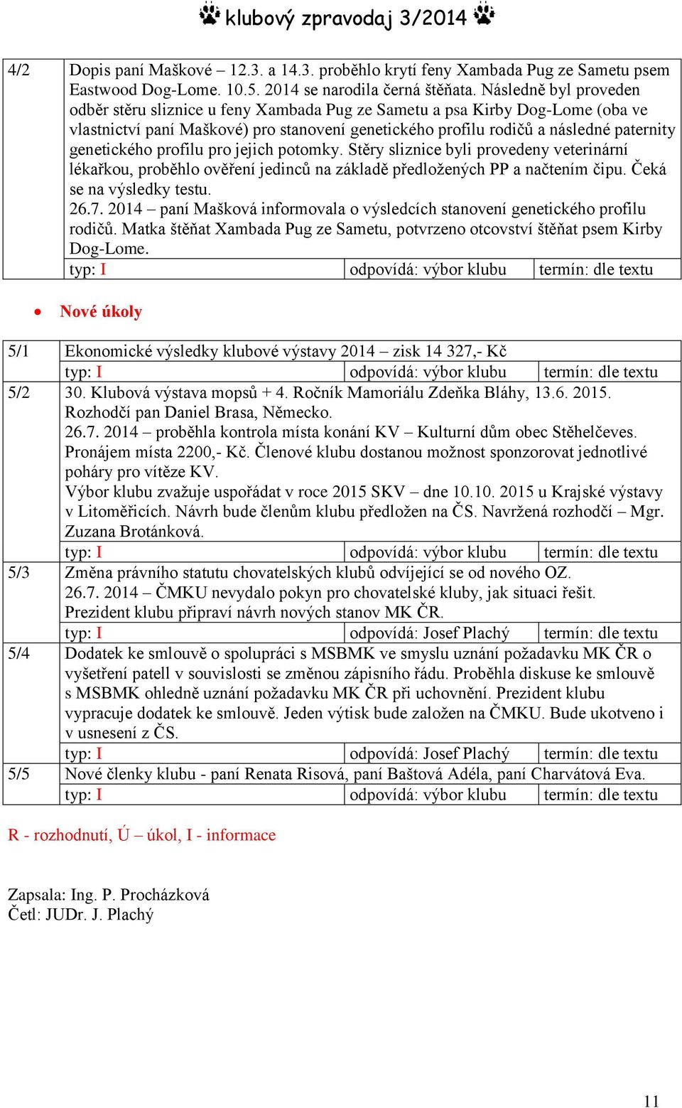 genetického profilu pro jejich potomky. Stěry sliznice byli provedeny veterinární lékařkou, proběhlo ověření jedinců na základě předložených PP a načtením čipu. Čeká se na výsledky testu. 26.7.