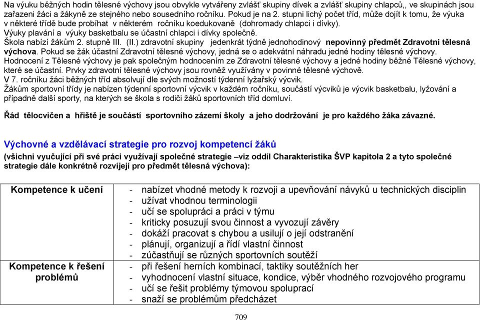 Výuky plavání a výuky basketbalu se účastní chlapci i dívky společně. Škola nabízí žákům 2. stupně III. (II.