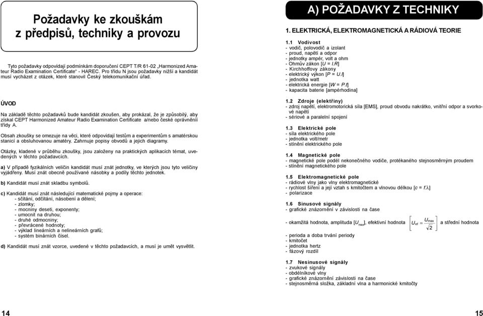 ÚVOD Požadavky ke zkouškám z předpisů, techniky a provozu Na základě těchto požadavků bude kandidát zkoušen, aby prokázal, že je způsobilý, aby získal CEPT Harmonized Amateur Radio Examination