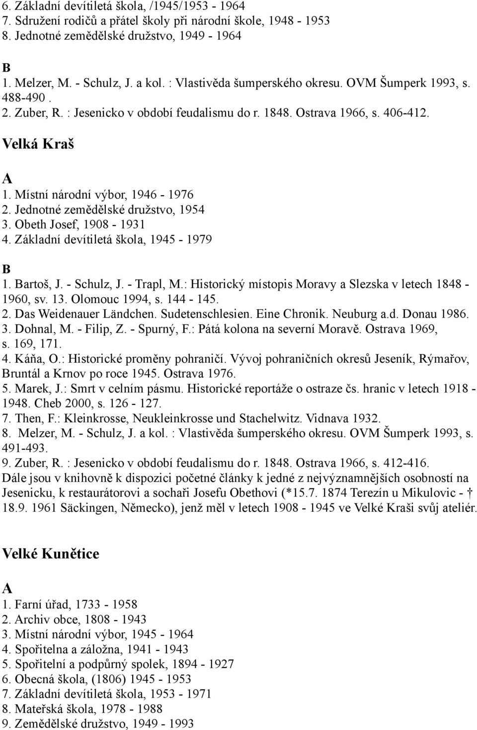 Jednotné zemědělské družstvo, 1954 3. Obeth Josef, 1908-1931 4. Základní devítiletá škola, 1945-1979 1. artoš, J. - Schulz, J. - Trapl, M.: Historický místopis Moravy a Slezska v letech 1848-1960, sv.