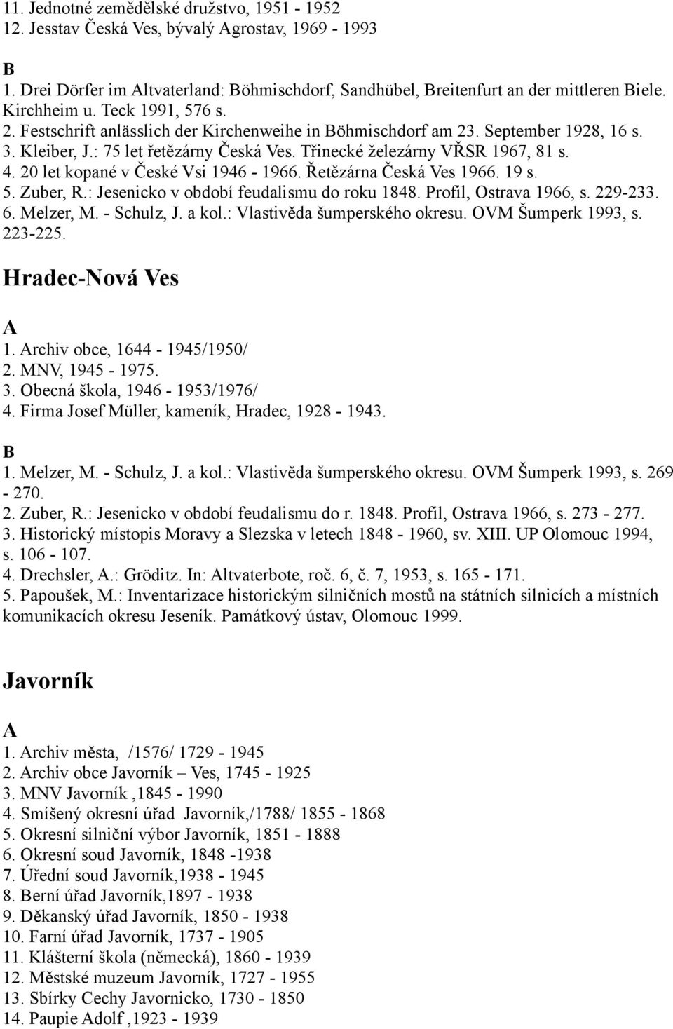 20 let kopané v České Vsi 1946-1966. Řetězárna Česká Ves 1966. 19 s. 5. Zuber, R.: Jesenicko v období feudalismu do roku 1848. Profil, Ostrava 1966, s. 229-233. 6. Melzer, M. - Schulz, J. a kol.