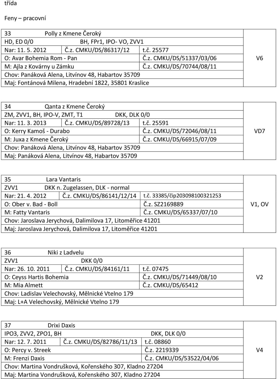 11. 3. 2013 Č.z. CMKU/DS/89728/13 t.č. 25591 O: Kerry Kamoš - Durabo Č.z. CMKU/DS/72046/08/11 M: Juxa z Kmene Čeroký Č.z. CMKU/DS/66915/07/09 Chov: Panáková Alena, Litvínov 48, Habartov 35709 Maj: Panáková Alena, Litvínov 48, Habartov 35709 VD7 35 Lara Vantaris ZVV1 DKK n.
