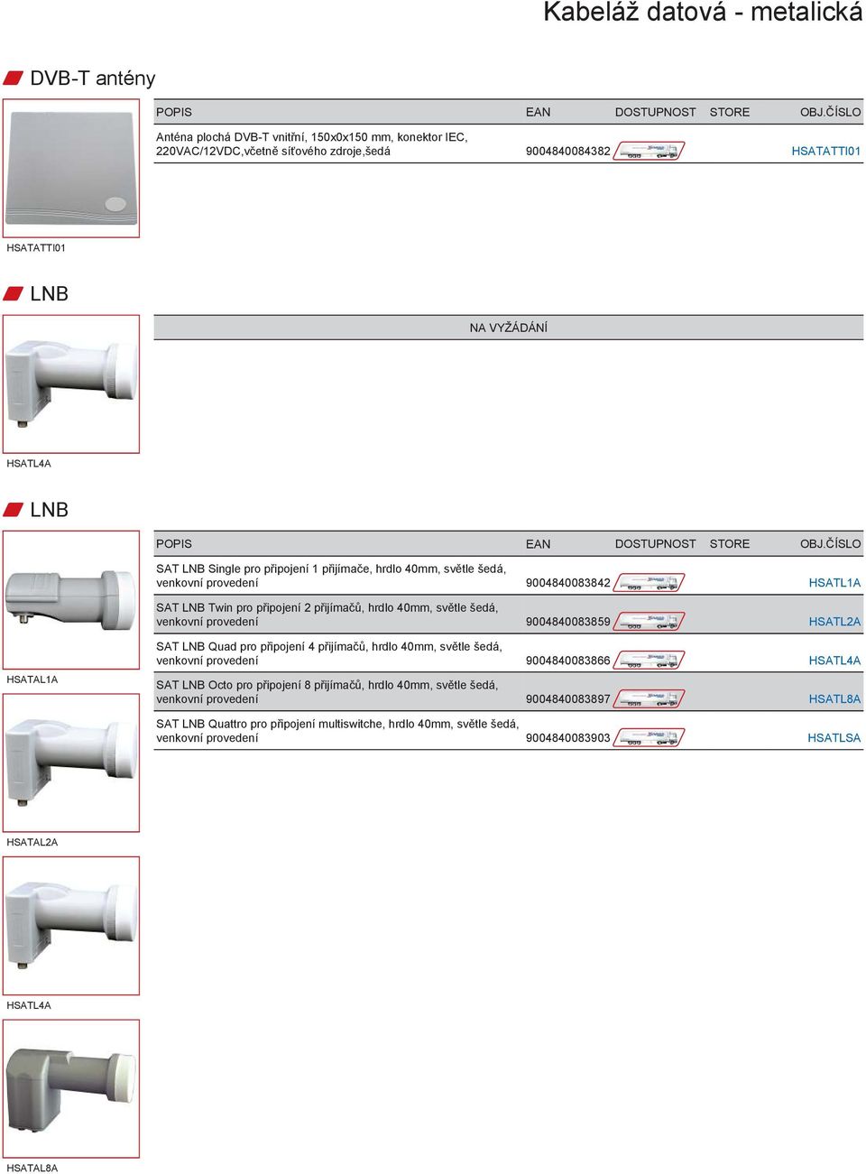 9004840083859 HSATL2A HSATAL1A SAT LNB Quad pro připojení 4 přijímačů, hrdlo 40mm, světle šedá, venkovní provedení 9004840083866 HSATL4A SAT LNB Octo pro připojení 8 přijímačů, hrdlo