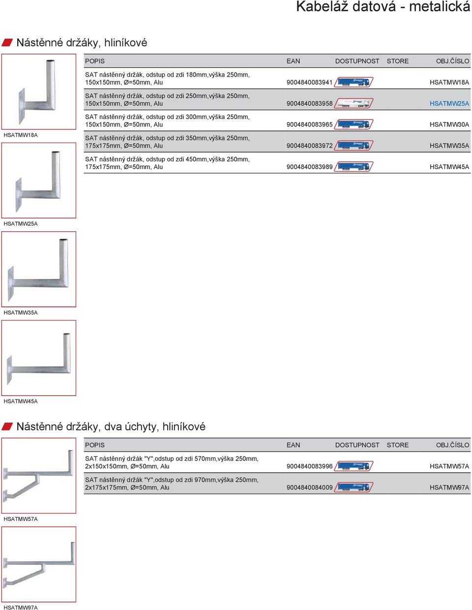 175x175mm, Ø=50mm, Alu 9004840083972 HSATMW35A SAT nástěnný držák, odstup od zdi 450mm,výška 250mm, 175x175mm, Ø=50mm, Alu 9004840083989 HSATMW45A HSATMW25A HSATMW35A HSATMW45A w Nástěnné držáky, dva