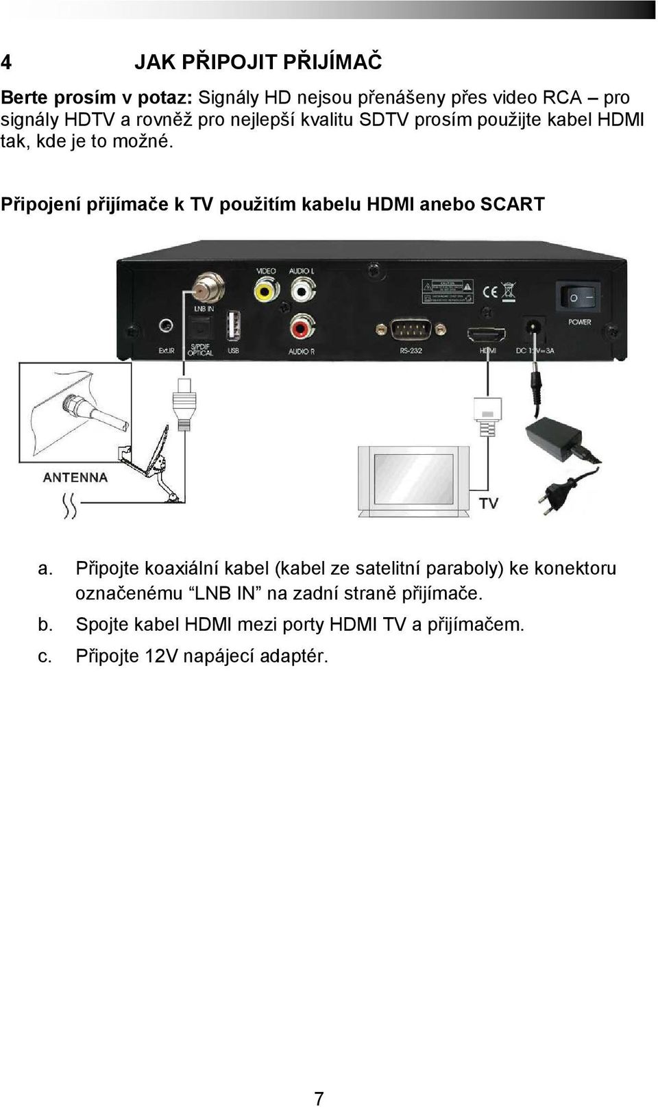 Připojení přijímače k TV použitím kabelu HDMI anebo SCART a.