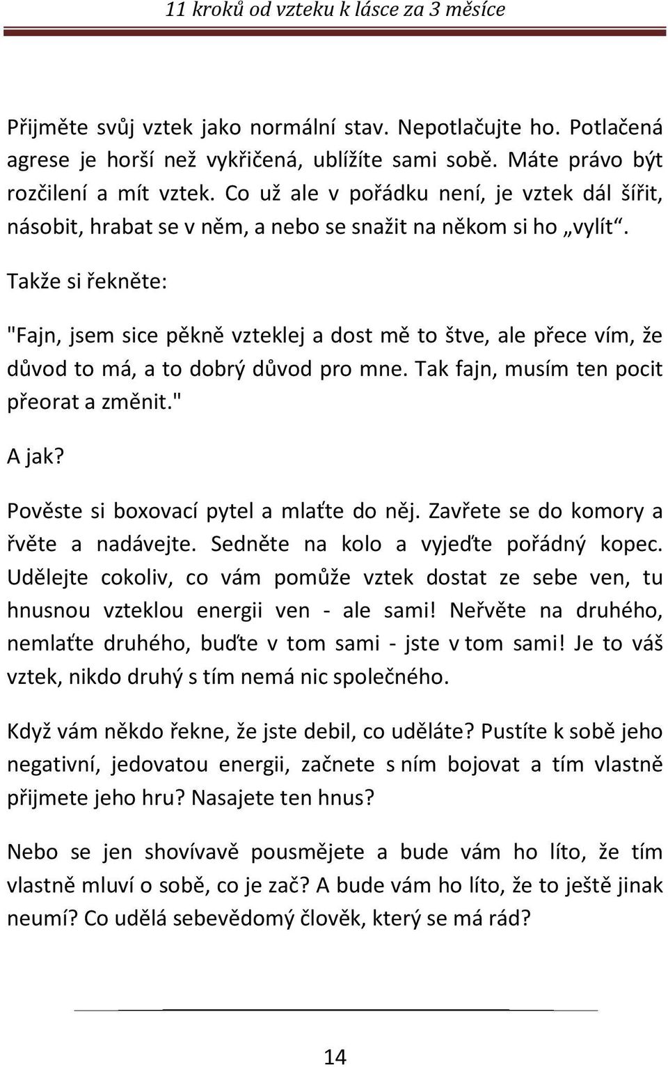 Takže si řekněte: "Fajn, jsem sice pěkně vzteklej a dost mě to štve, ale přece vím, že důvod to má, a to dobrý důvod pro mne. Tak fajn, musím ten pocit přeorat a změnit." A jak?