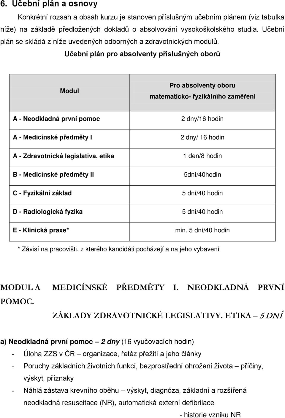 Učební plán pro absolventy příslušných oborů Modul Pro absolventy oboru matematicko- fyzikálního zaměření A - Neodkladná první pomoc A - Medicínské předměty I A - Zdravotnická legislativa, etika B -