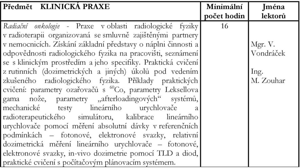 Praktická cvičení z rutinních (dozimetrických a jiných) úkolů pod vedením zkušeného radiologického fyzika.