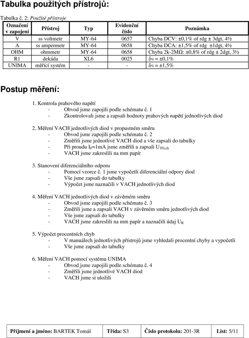 OHM ohmmetr MY-64 0658 Chyba 2k-2MΩ: ±0,8% of rdg ± 2dgt, 3½ R1 dekáda XL6 0025 δ% = ±0,1% UNIMA měřící systém - - δ% = ±1,5% Postup měření: 1.